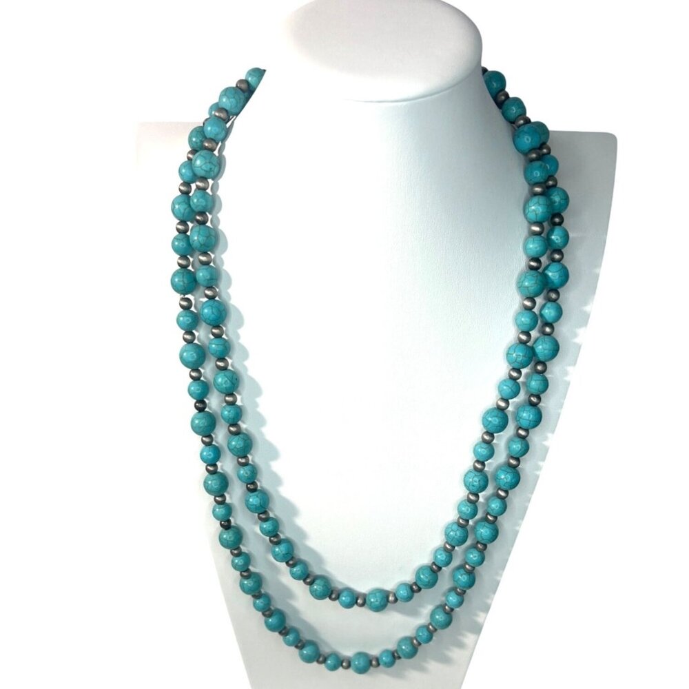 Beaded Statement‎ Necklace 48" Teal Blue & Silver Tone Flapper Southwestern Boho